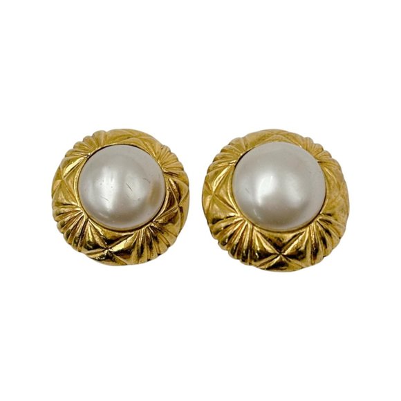 CHANEL Earrings Faux Pearl Vintage GP Gold